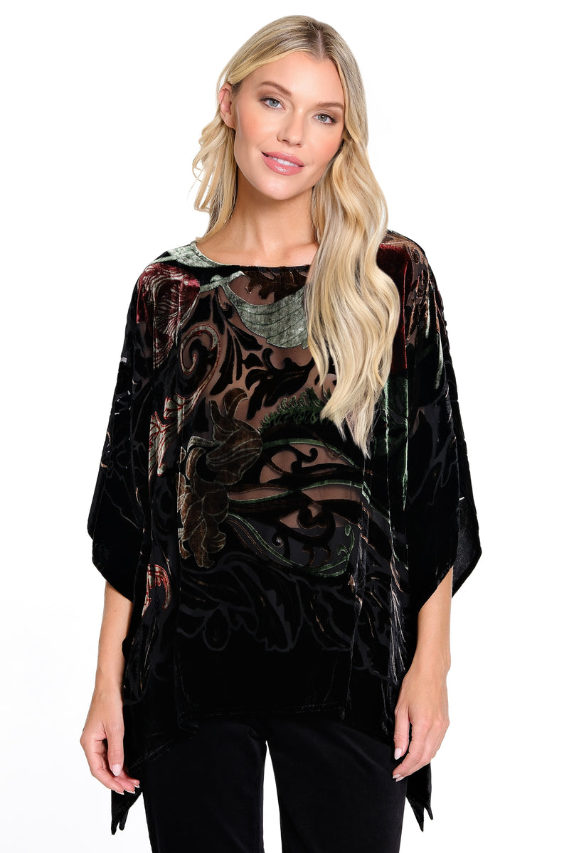 Oversized Burnout Velvet Poncho - Black