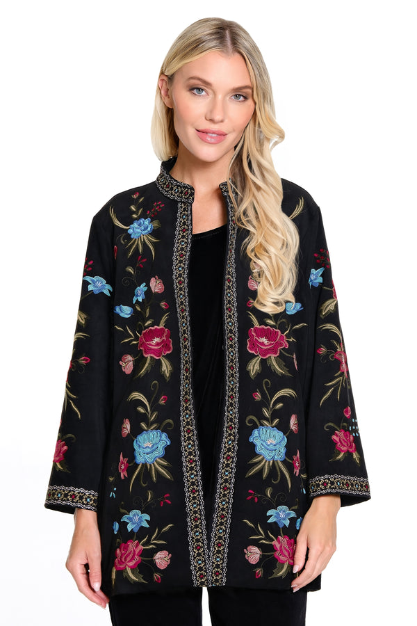 Faux Suede All Over Embroidered Jacket - Black