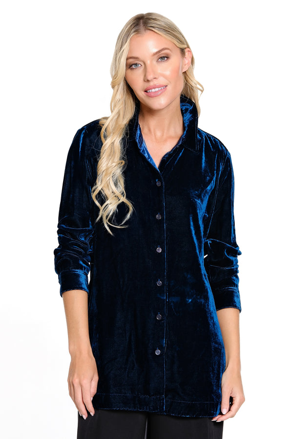 Velvet Button Front with Burnout Velvet Long Sleeves - Ocean