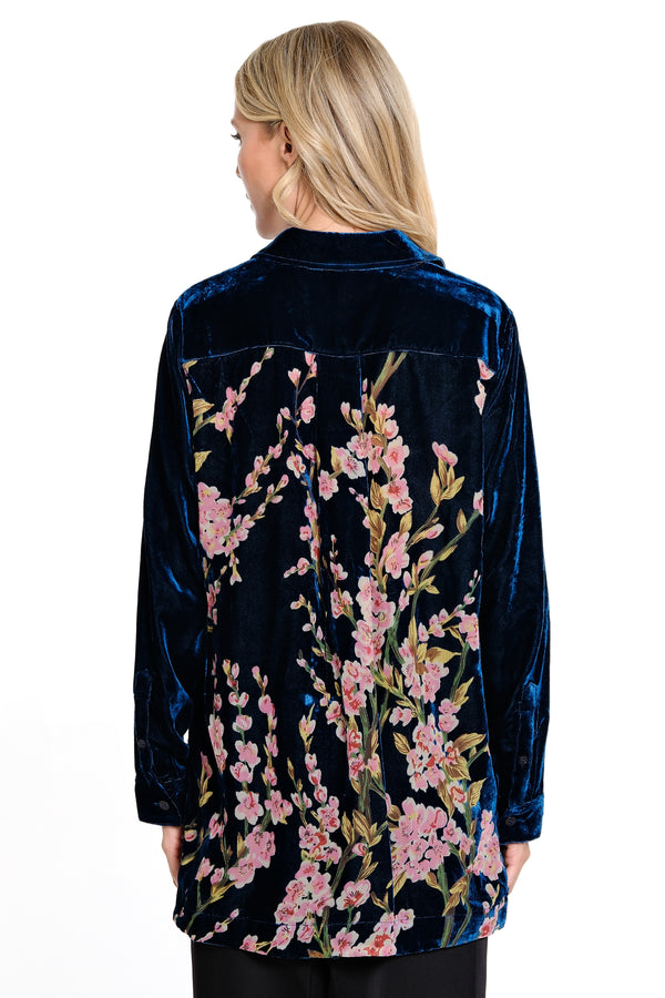 Velvet Button Front with Burnout Velvet Long Sleeves - Ocean