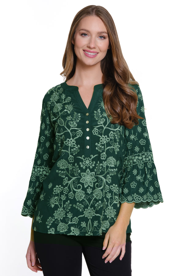 All Over Embroidered Button Up Top - Forest