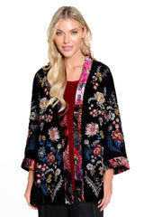 3/4 Sleeves Emb Kimono with Burnout Velvet Back - Women's - Black