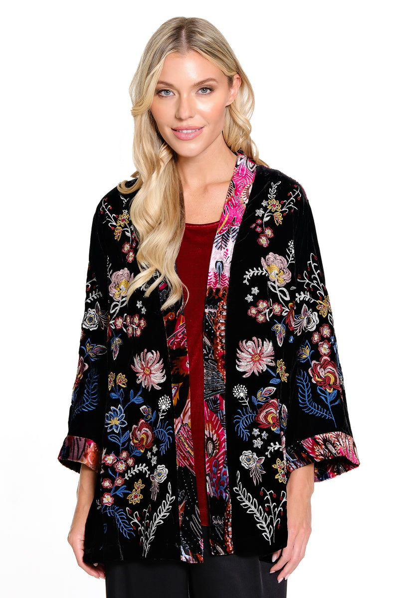 Embroidered Kimono with Burnout Velvet 3/4 Sleeves - Black