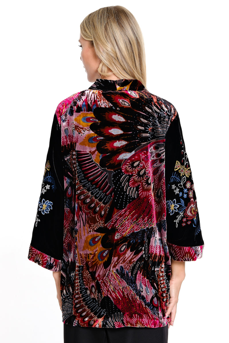 Embroidered Kimono with Burnout Velvet 3/4 Sleeves - Black