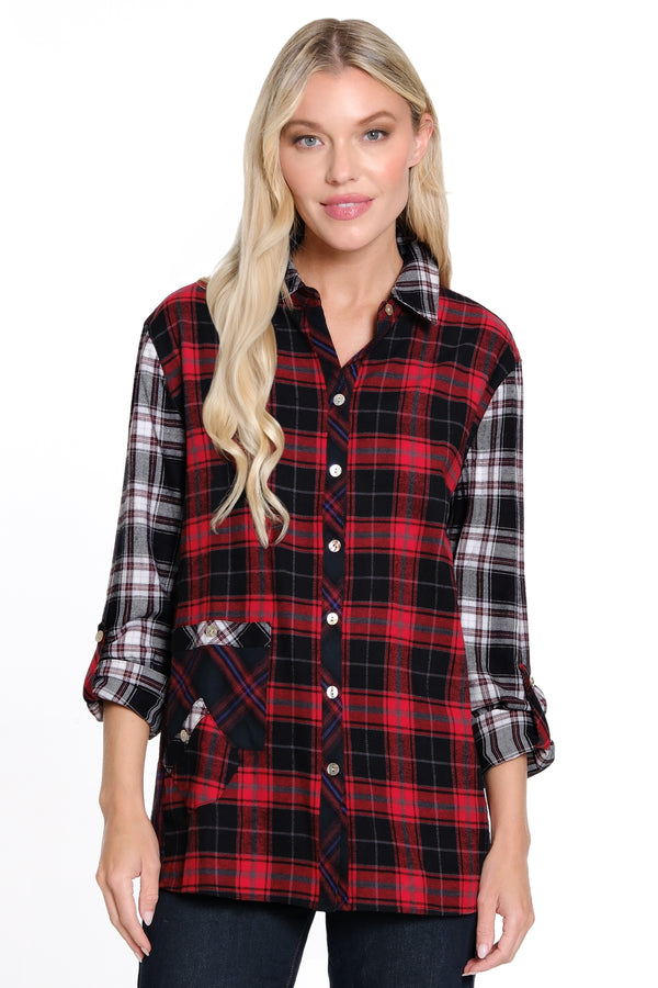 Mix Plaid Button Front Top - Plaid Multi