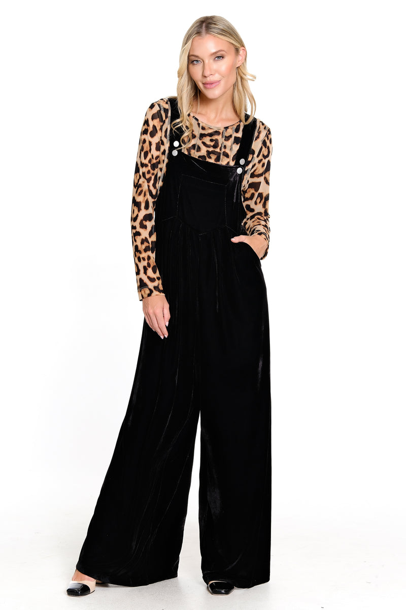 Velvet Wide Leg Jumpsuit with Pockets - Black