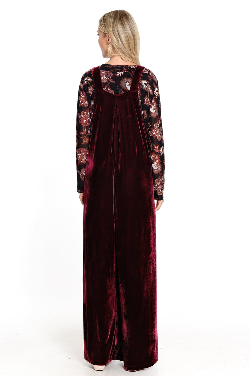 Velvet Wide Leg Jumpsuit with Pockets - Garnet