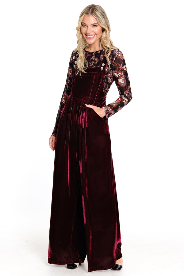 Velvet Wide Leg Jumpsuit with Pockets - Garnet