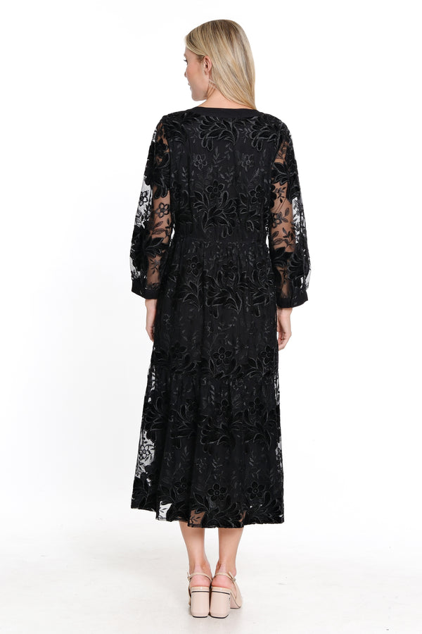 Lace Tiered Long Sleeve Midi Dress - Black