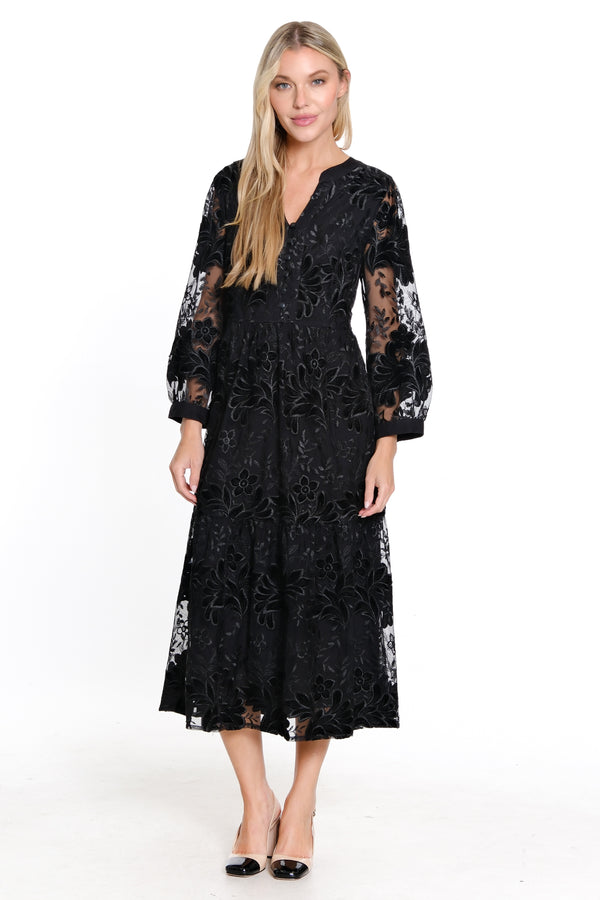 Lace Tiered Long Sleeve Midi Dress - Black