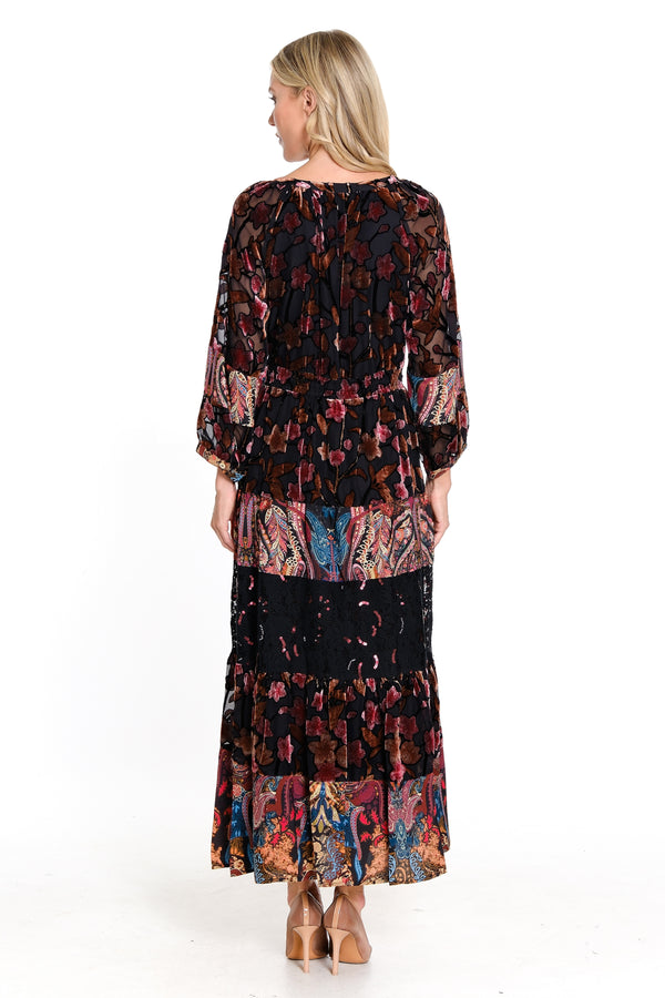 Burnout Velvet and Printed Tiered Dress - Black