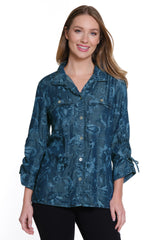 Print Button Front Tie Sleeve Top - Petite - Blue Print