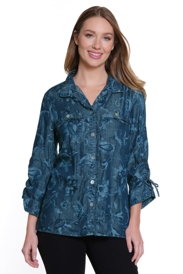 Print Button Front Tie Sleeve Top - Blue Print