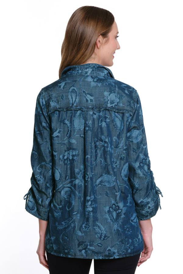 Print Button Front Tie Sleeve Top - Women's - Blue Print