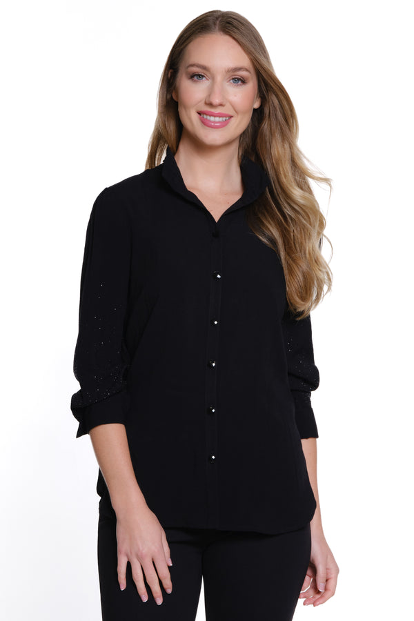 Rhinestone Button Front Top - Black