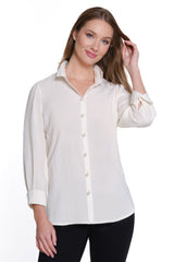 Rhinestone Button Front Top - Petite - Winter White