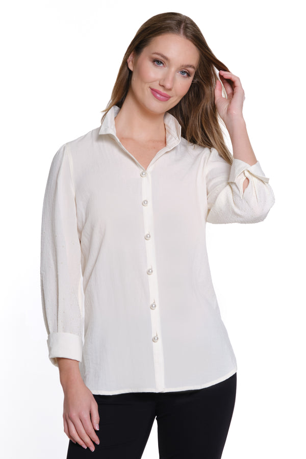 Rhinestone Button Front Top - Winter White