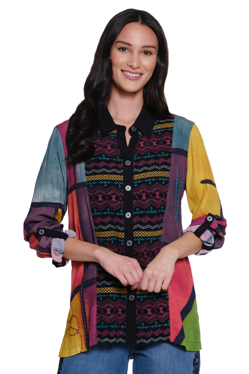 Embroidered Patch Print Top - Multi