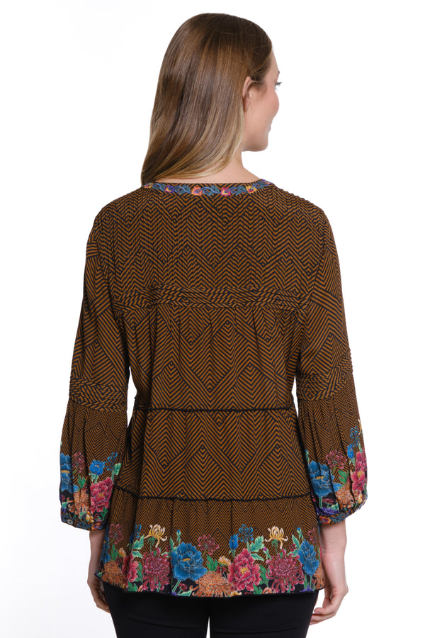 Pintuck Embroidered Top - Brown Print