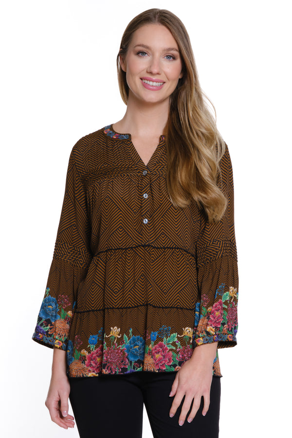 Pintuck Embroidered Top - Brown Print