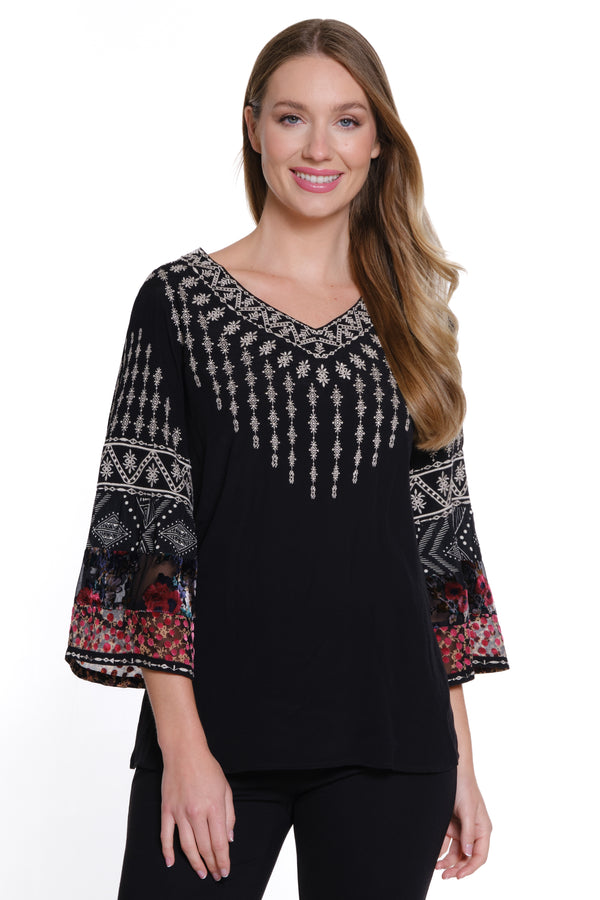 Velvet Burnout Embroidered Top - Petite - Black