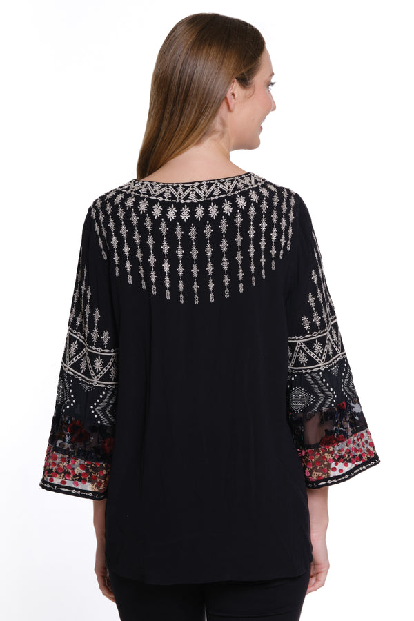 Velvet Burnout Embroidered Top - Petite - Black