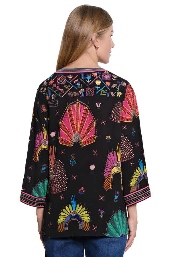 Embroidered Button-Up Tunic - Black