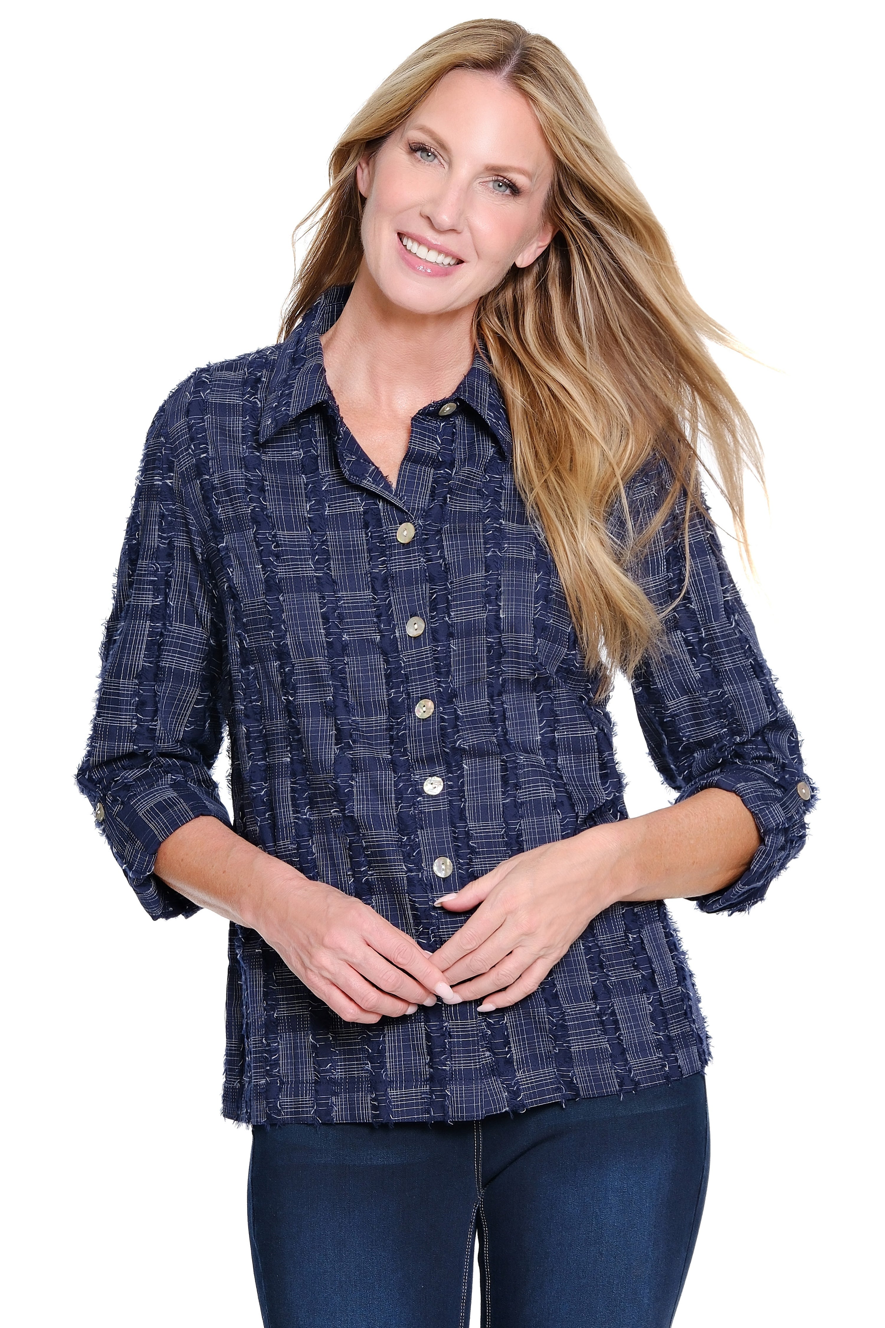 Jacquard Button-Front Top - Navy