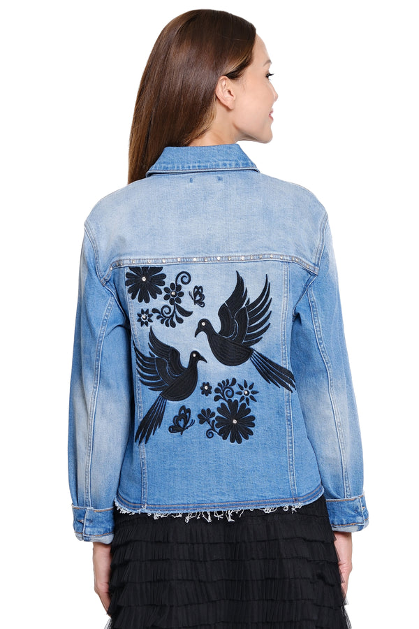 Embroidered Denim Jacket -  Petite - Light Denim
