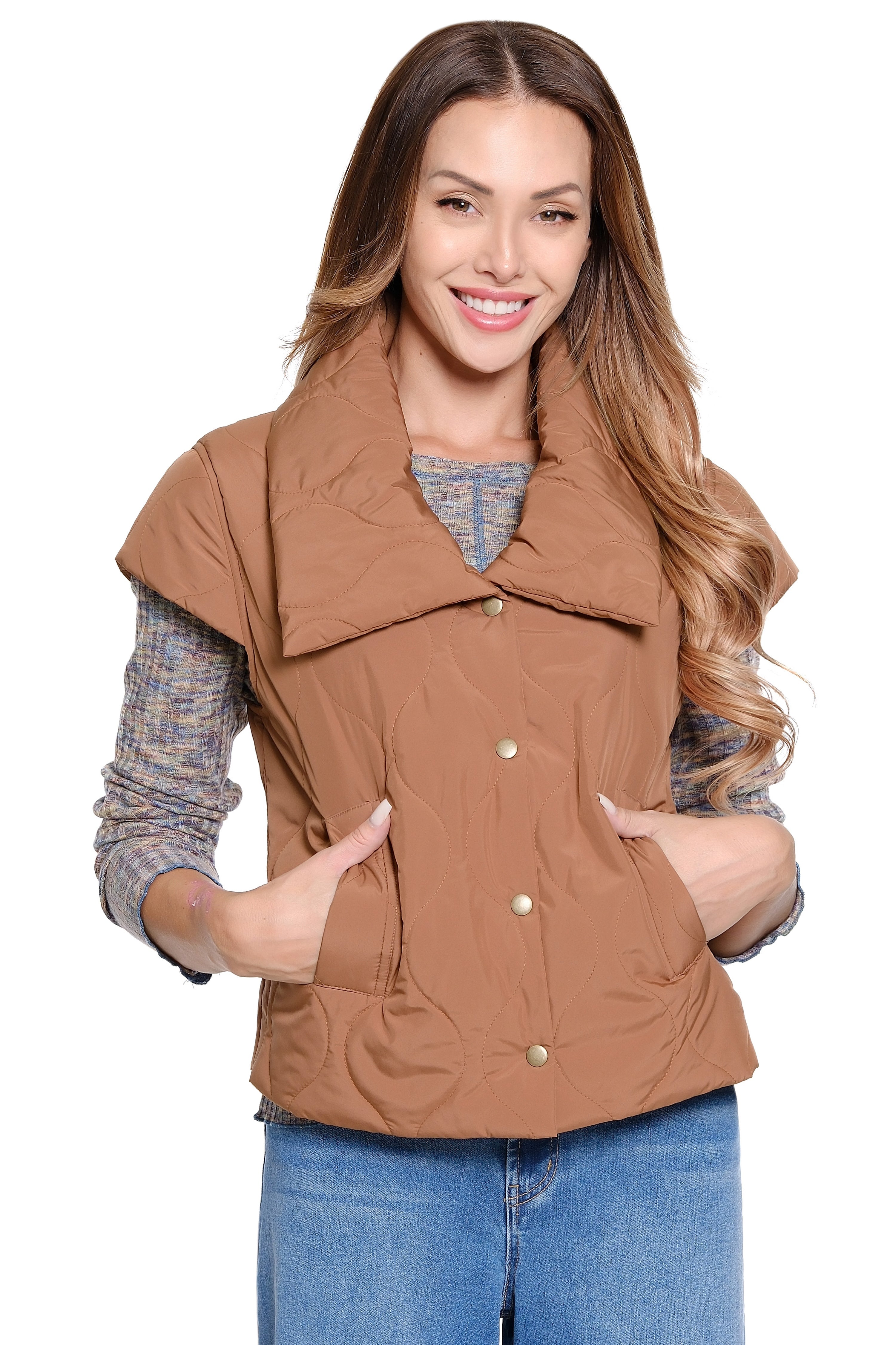 Light Puff Button-Front Vest - Tobacco