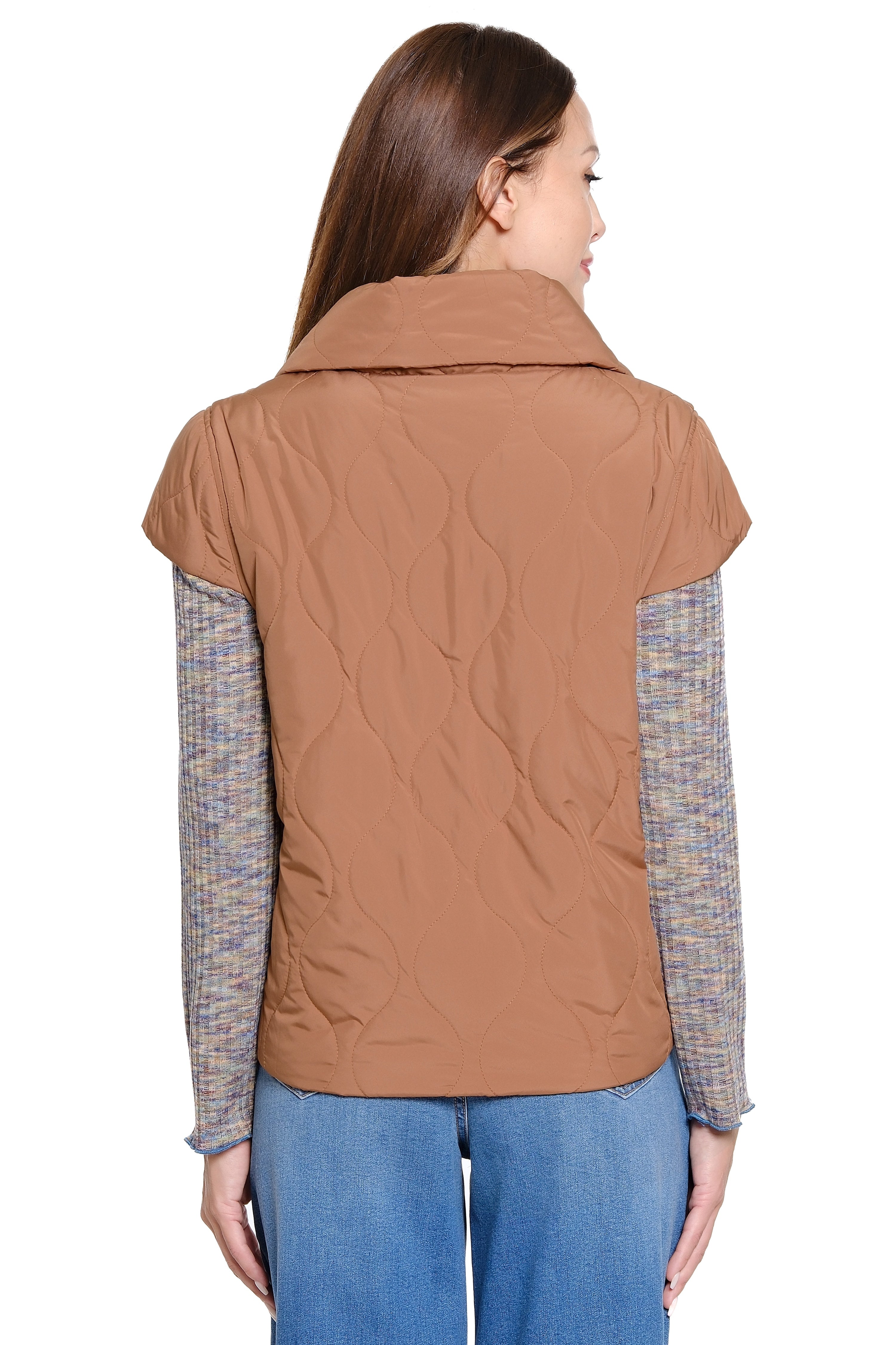 Light Puff Button-Front Vest - Tobacco