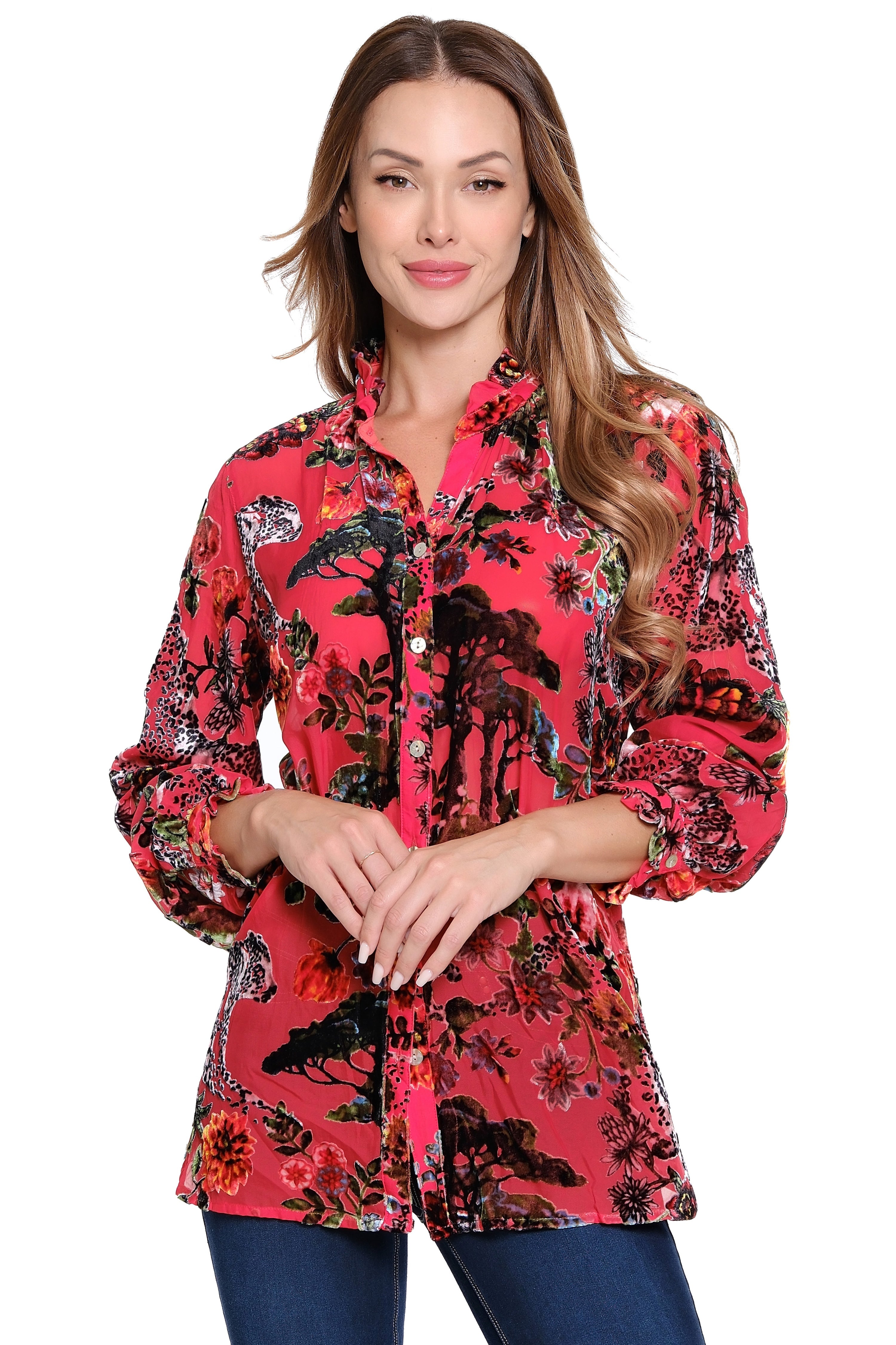 Burnout Velvet Blouse - Plus - Red