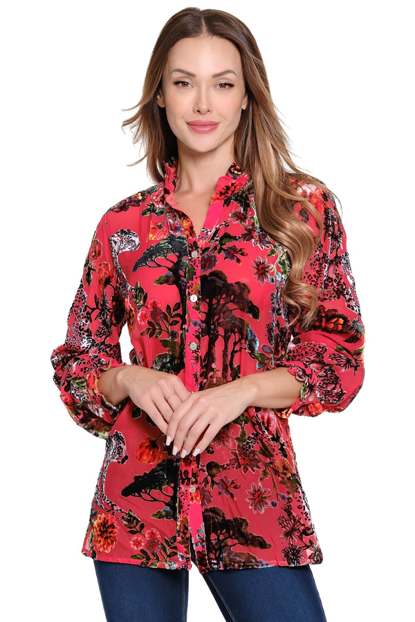 Burnout Velvet Blouse - Red