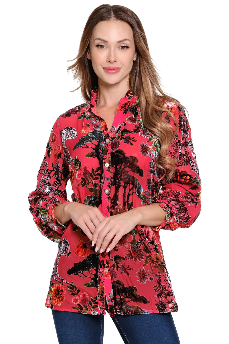 Burnout Velvet Blouse - Red