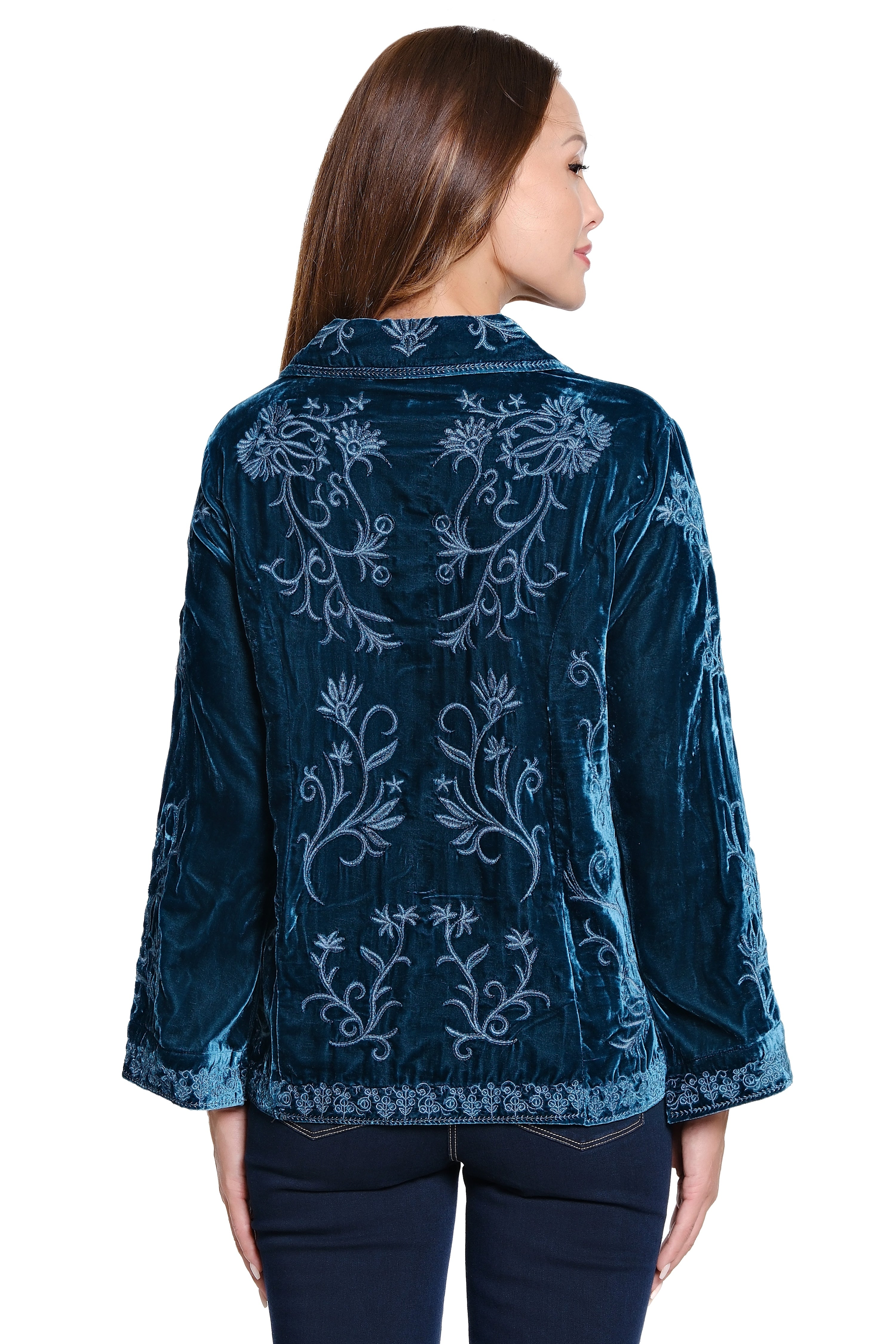Embroidered Button-Front Velvet Top - Dark Teal