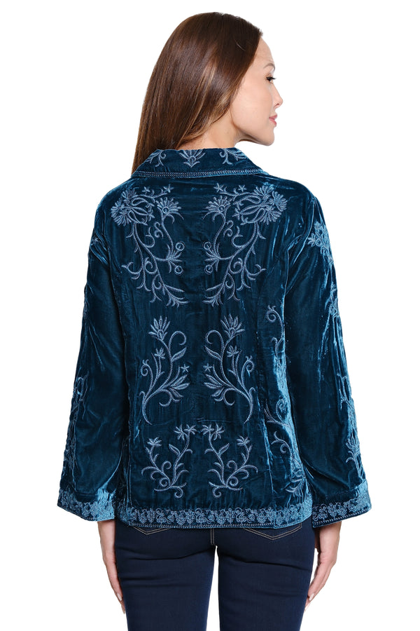 Embroidered Button-Front Velvet Top - Dark Teal