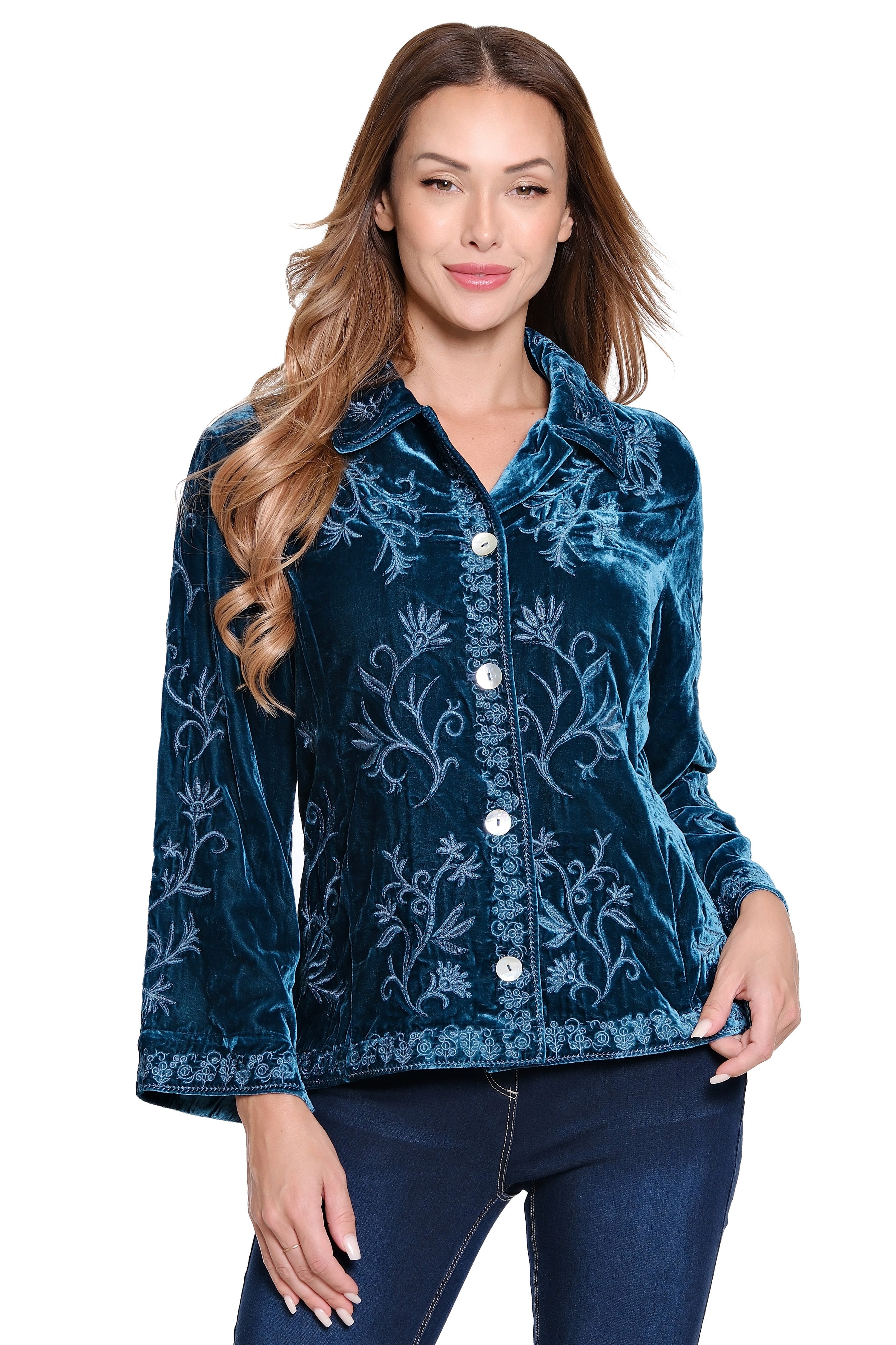 Embroidered Button-Front Velvet Top - Dark Teal