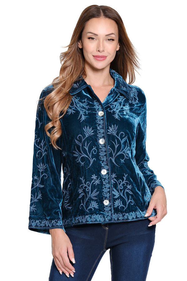 Embroidered Button-Front Velvet Top - Dark Teal