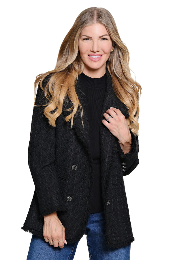 Tweed Open Front Coat - Black