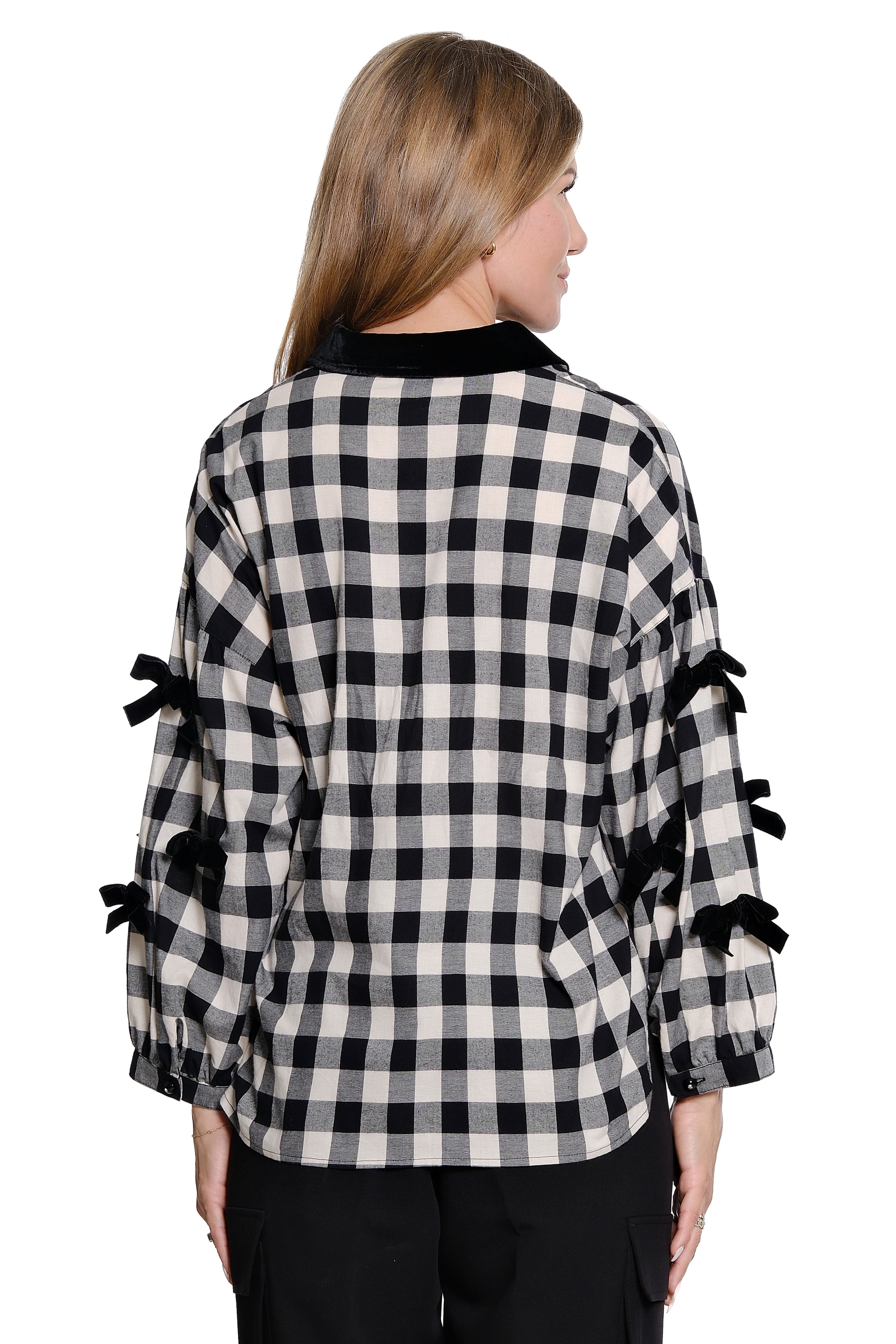 Plaid Bow Sleeve Top - Black/White