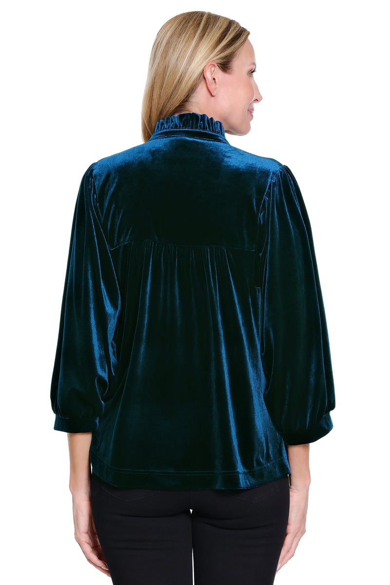 Ruffle Collar Velvet Top - Dark Peacock
