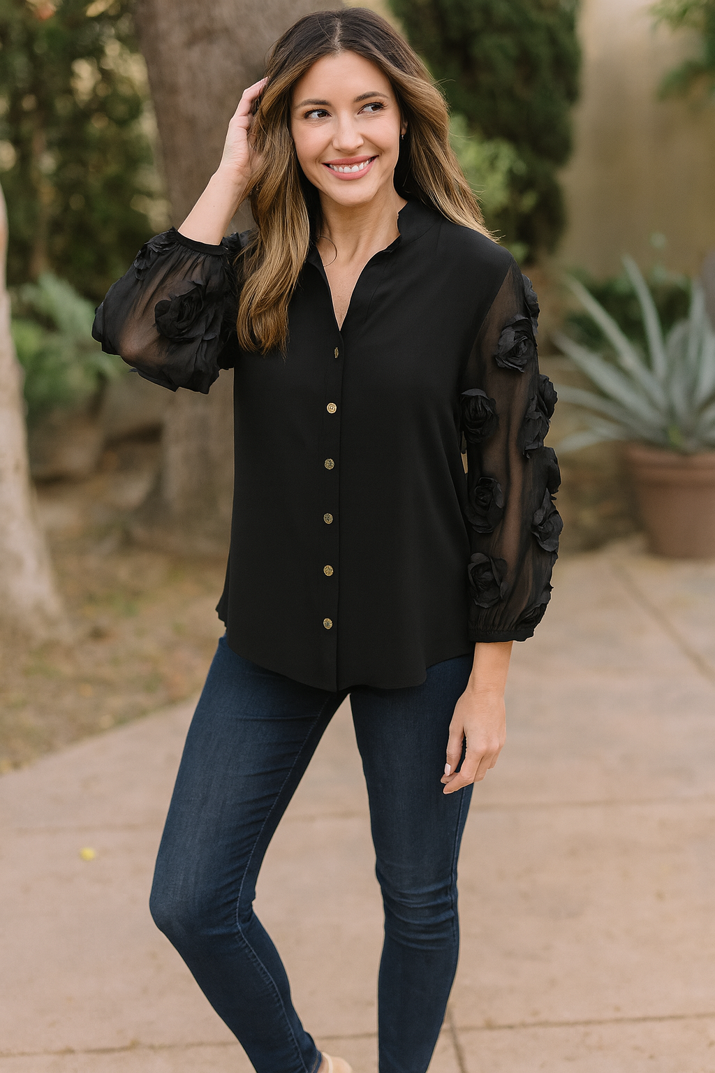 Rosette Sleeve Top - Black
