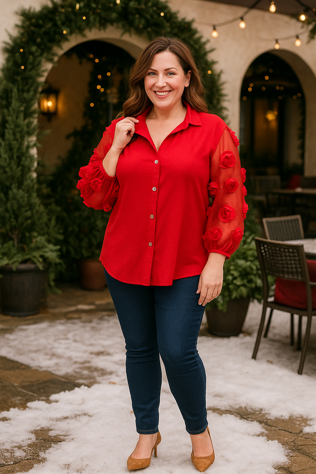 Rosette Sleeve Top - Petite - Scarlet