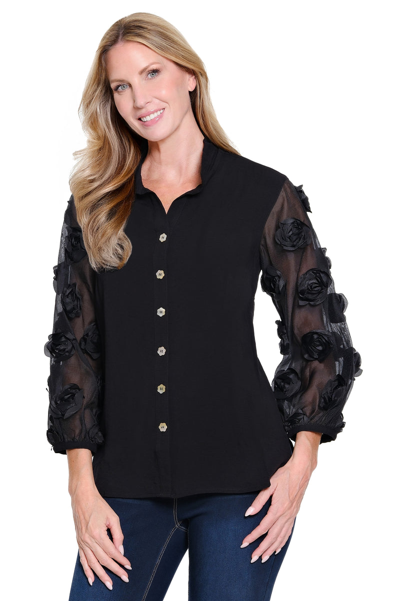 Rosette Sleeve Top - Black