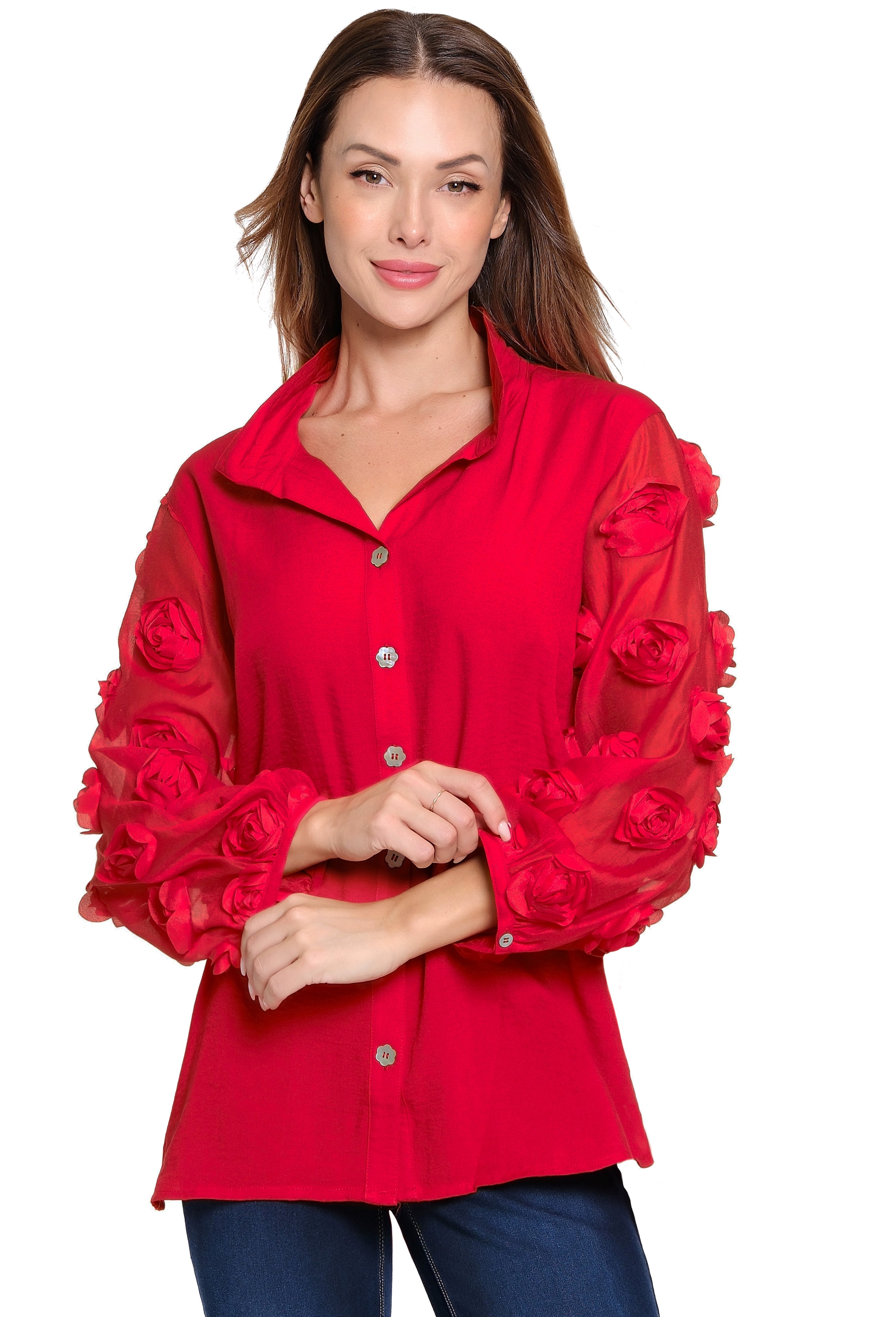 Rosette Sleeve Top - Petite - Scarlet