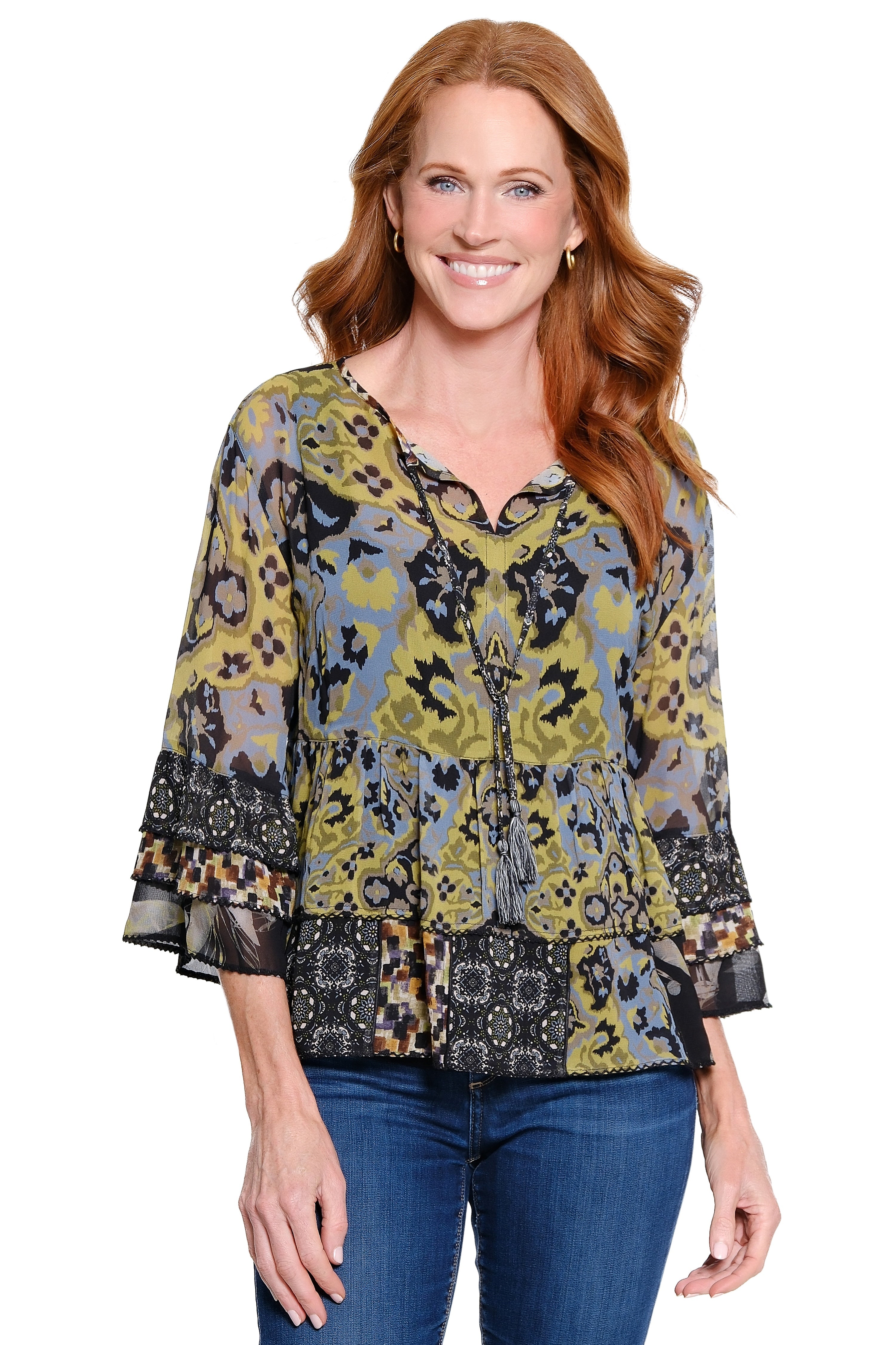 Peasant Top with Tiered Ruffle Hem - Chartreuse