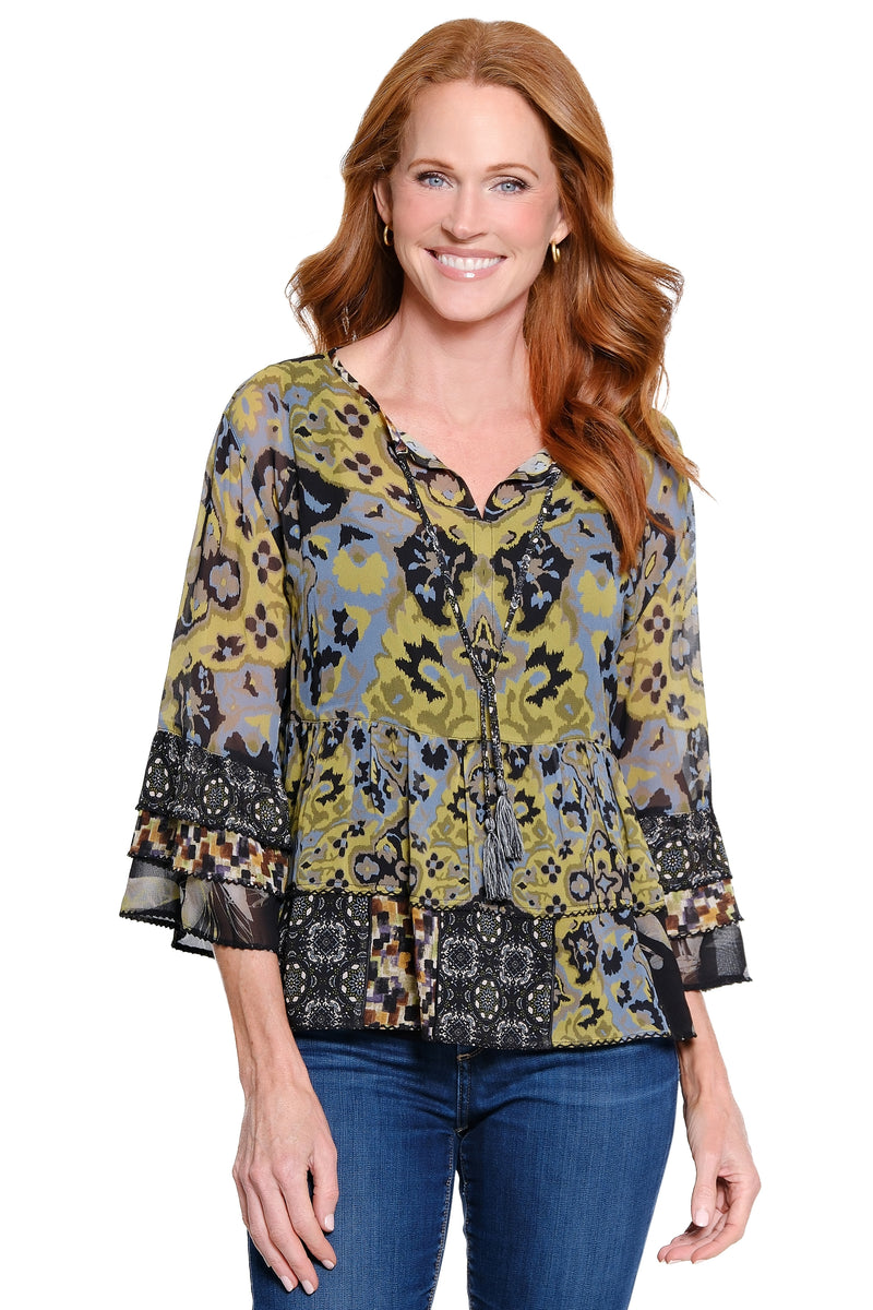 Peasant Top with Tiered Ruffle Hem - Chartreuse