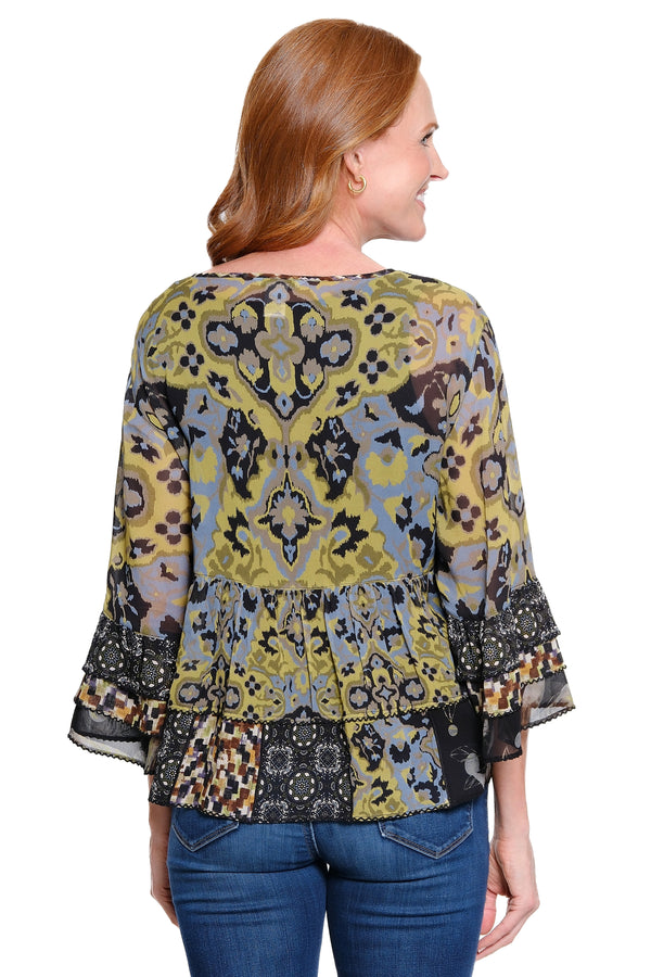 Peasant Top with Tiered Ruffle Hem - Chartreuse