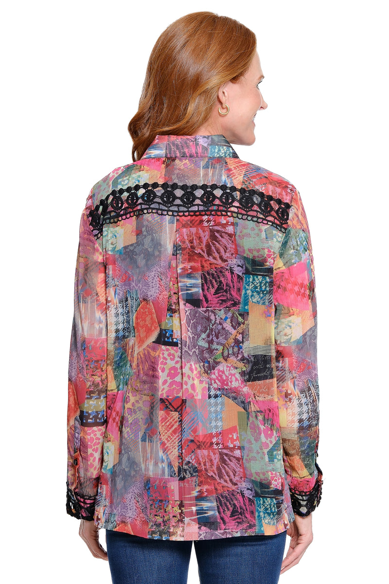 Patch Print Blouse with Lace Inserts - Plus - Multi Pink