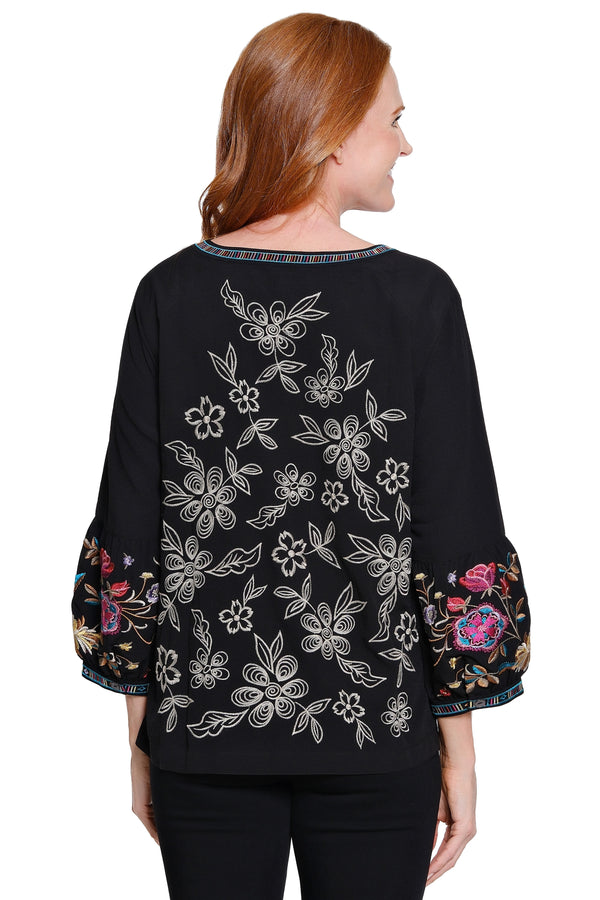 Embroidered Peasant Top with Split Neck - Black